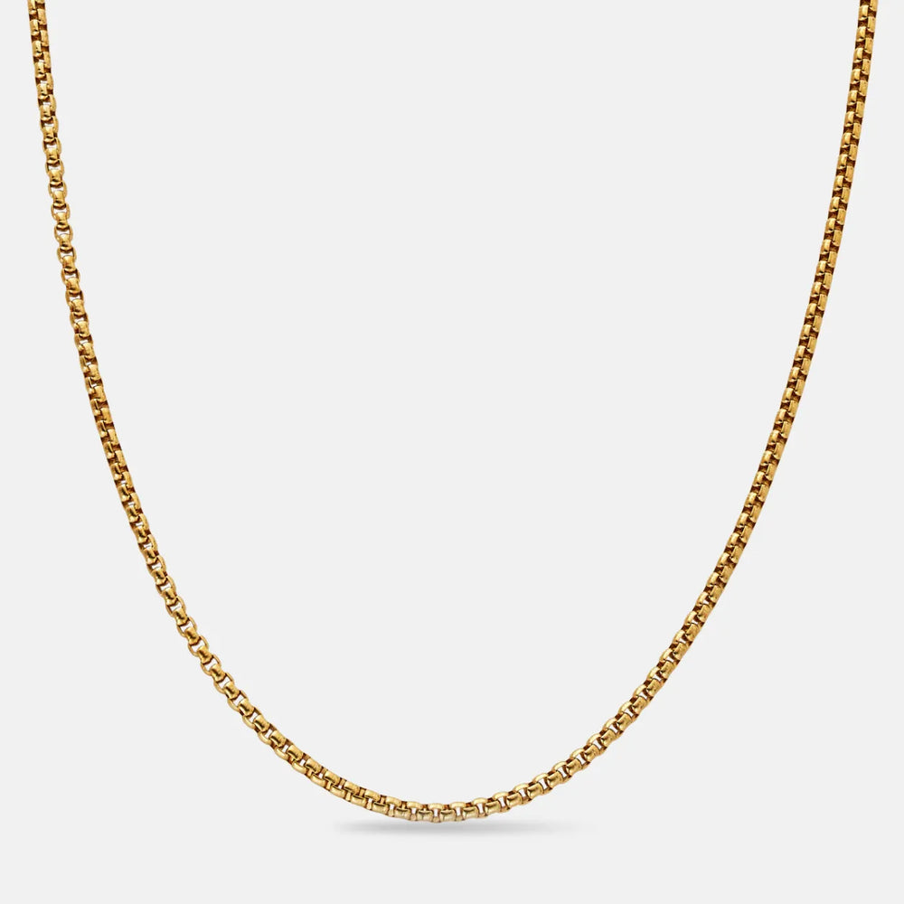 Corrente masculina Box Chain dourada em aço inoxidável 316L com elos quadrados, acabamento polido e design minimalista