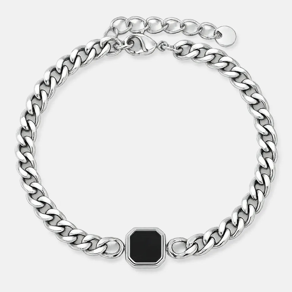 Pulseira masculina Cuban Onyx prata em aço inoxidável 316L com corrente cubana de 5mm e pedra ônix preta central