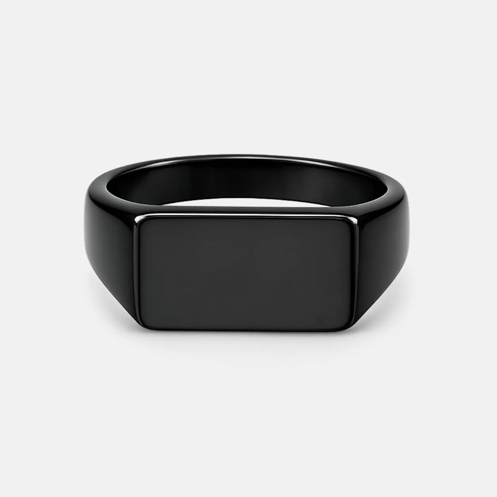 Anel de sinete masculino preto retangular em aço inox com acabamento polido frontal