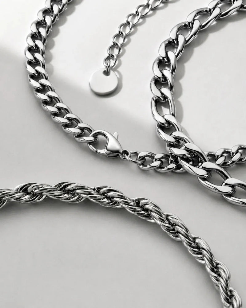 pulseiras masculinas prata em aço inoxidável com diferentes tipos de elos