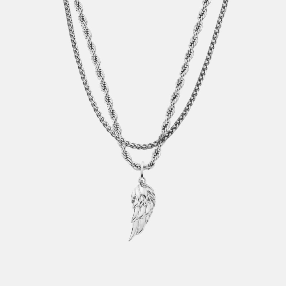 Conjunto masculino Angel Wing Prata com corrente com pingente